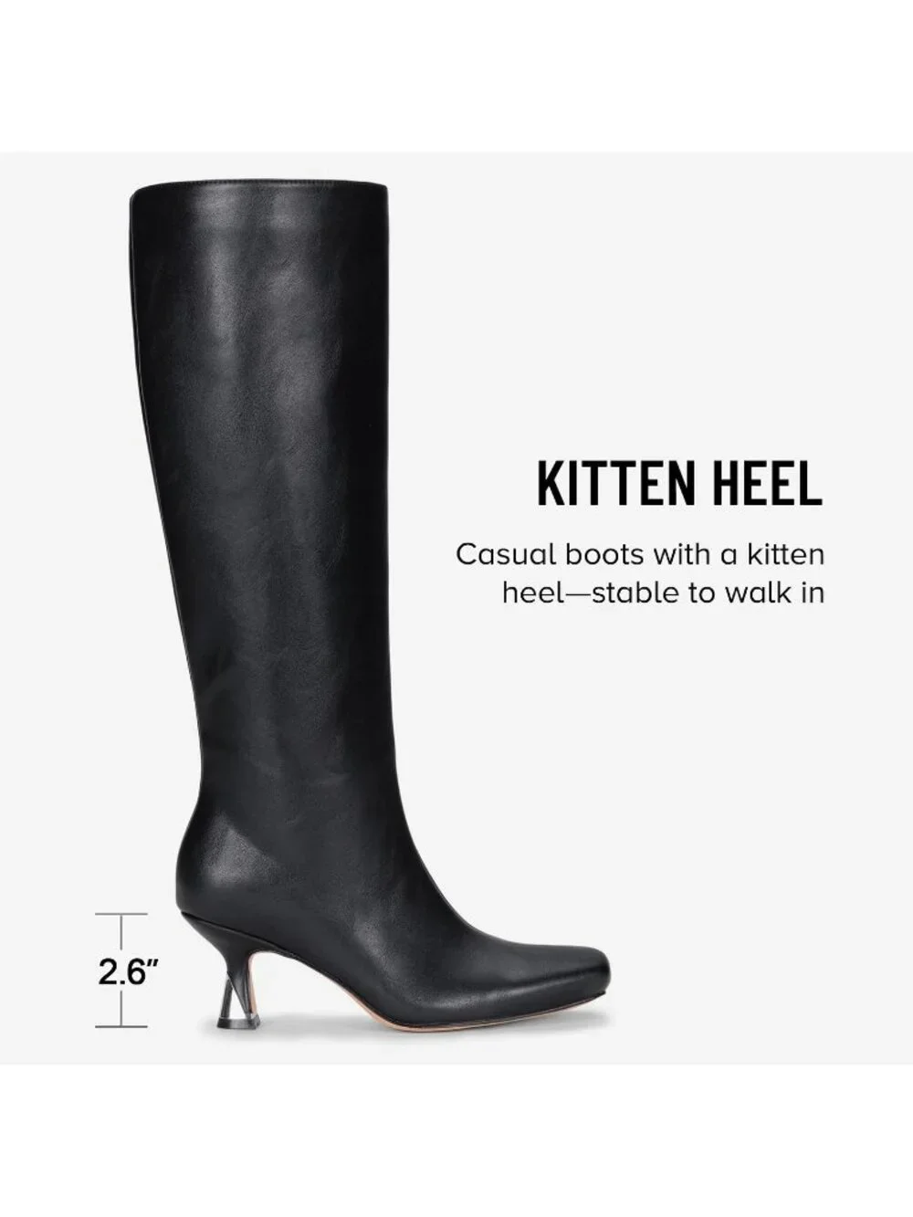 Women's Black Square Toe Kitten Low Heel with Zipper Tall Dress Knee High Boots